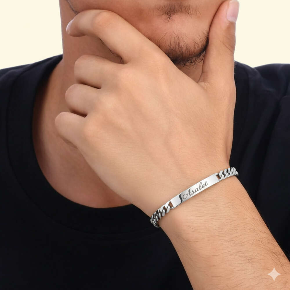 Erkek Çelik Bileklik - İsme Özel Yazılı - Gurmet Model - Gümüş Renk - 2