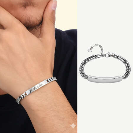 Erkek Çelik Bileklik - İsme Özel Yazılı - Gurmet Model - Gümüş Renk - Tesbihane