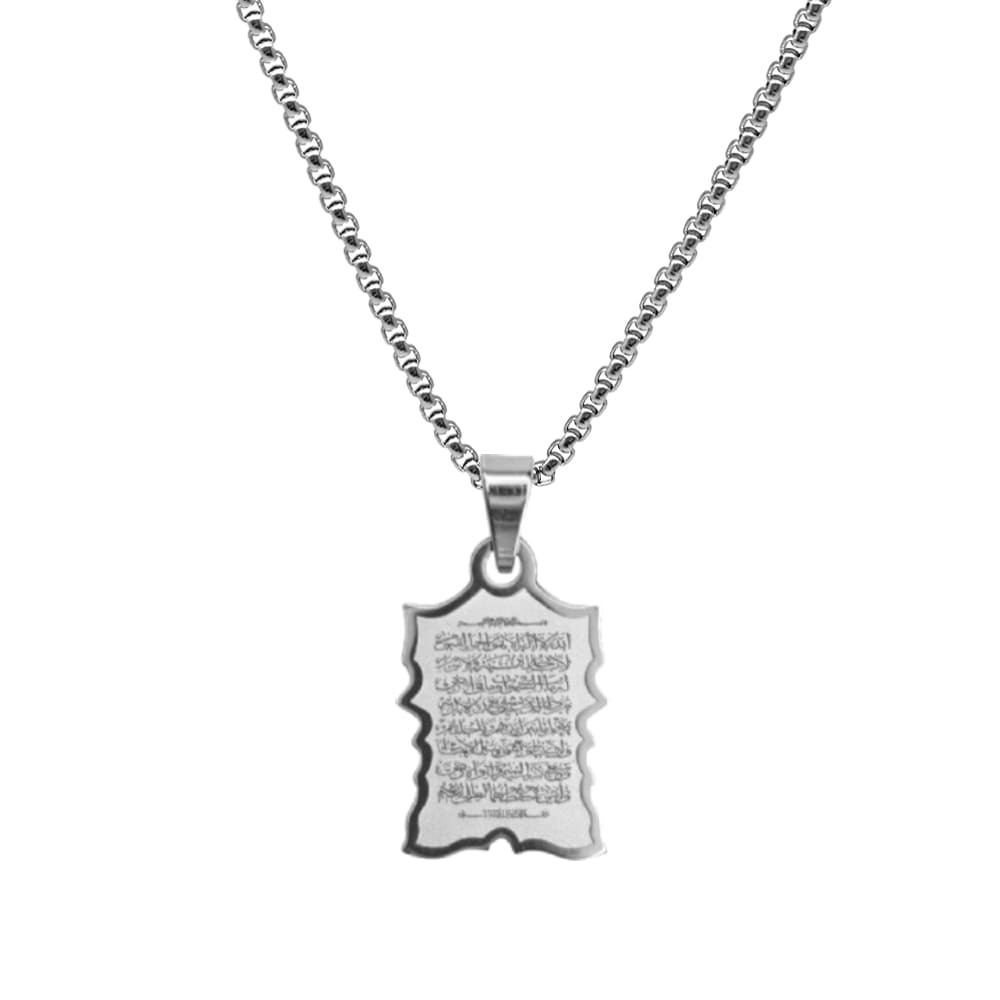 Erkek Çelik Kolye - Ayetel Kürsi Yazılı - Kişiye Özel - Gümüş Renk - Kitabe Tasarım - 60 cm - 4