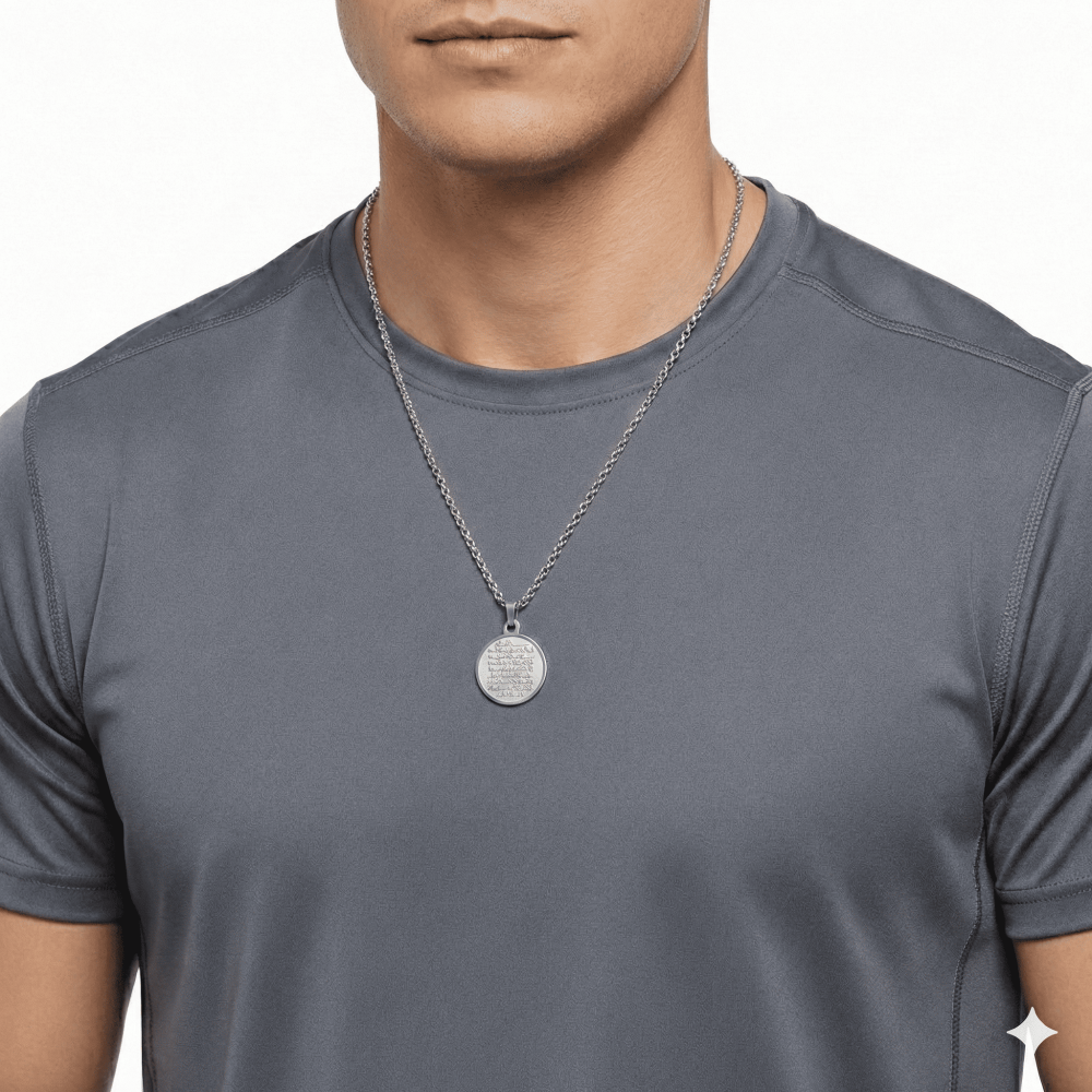 Erkek Çelik Kolye - Ayetel Kürsi Yazılı - Kişiye Özel - Gümüş Renk - Oval Tasarım - 60 cm - 2