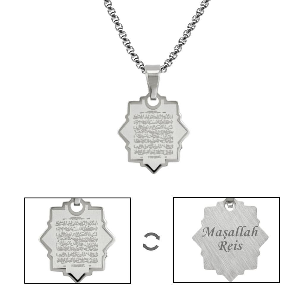 Erkek Çelik Kolye - Ayetel Kürsi Yazılı - Kişiye Özel - Gümüş Renk - Yıldız Tasarım - 60 cm - 5