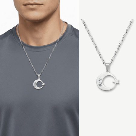 Erkek Çelik Kolye - Kişiye Özel - Gümüş Renk - Ayyıldız Tasarım - 60 cm - Tesbihane