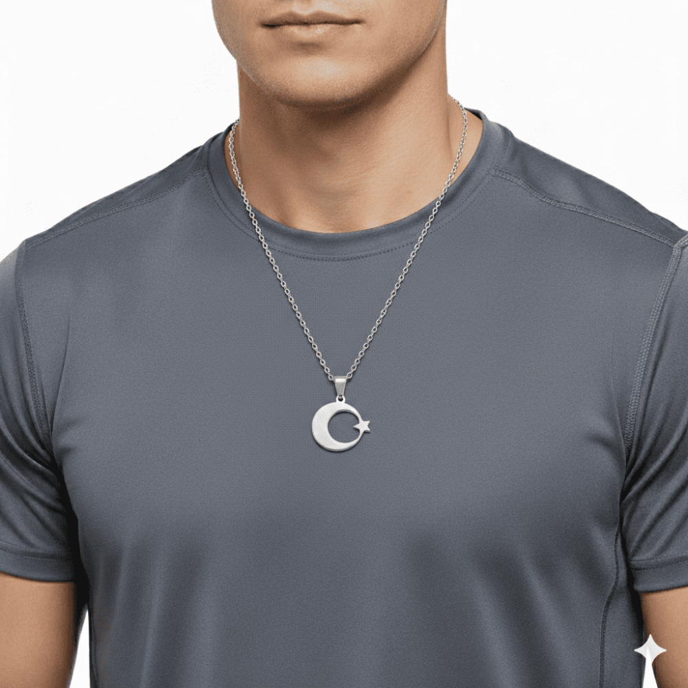 Erkek Çelik Kolye - Kişiye Özel - Gümüş Renk - Ayyıldız Tasarım - 60 cm - 2