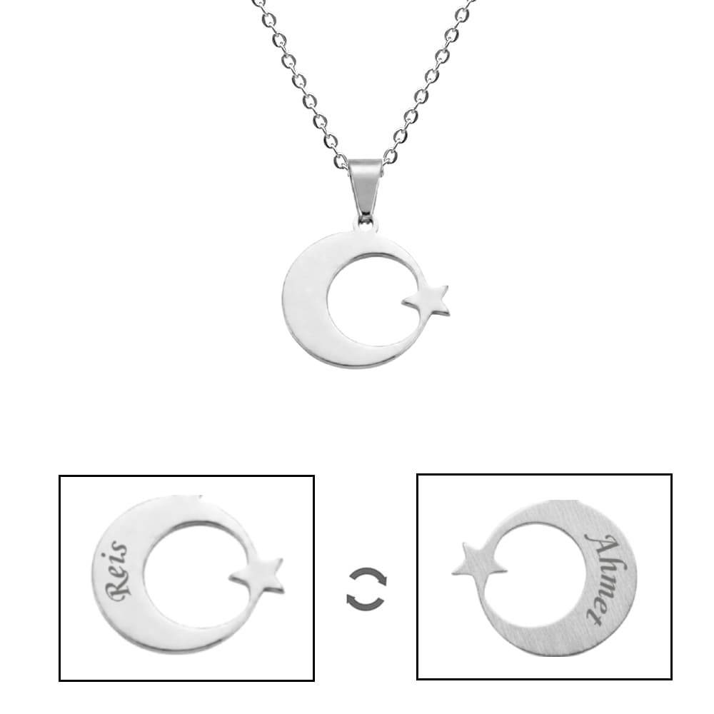 Erkek Çelik Kolye - Kişiye Özel - Gümüş Renk - Ayyıldız Tasarım - 60 cm - 5