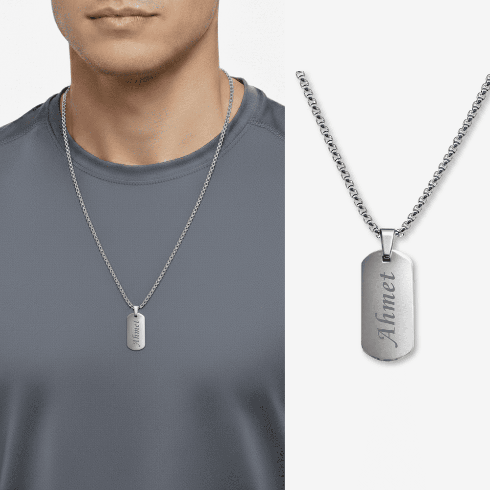 Erkek Çelik Kolye - Kişiye Özel - Gümüş Renk - Oval Dikdörtgen Tasarım - 60 cm - 1