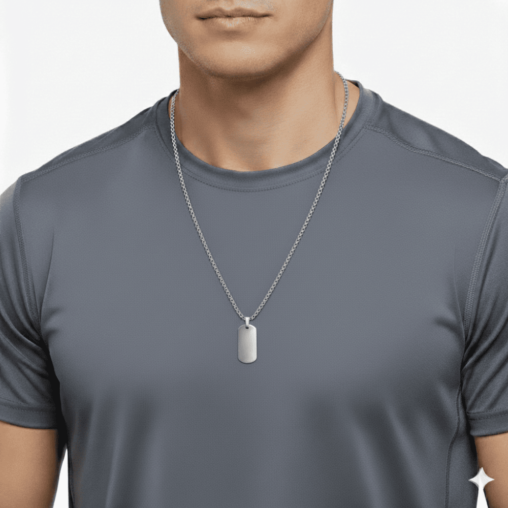 Erkek Çelik Kolye - Kişiye Özel - Gümüş Renk - Oval Dikdörtgen Tasarım - 60 cm - 2