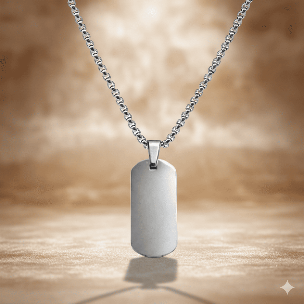 Erkek Çelik Kolye - Kişiye Özel - Gümüş Renk - Oval Dikdörtgen Tasarım - 60 cm - 3