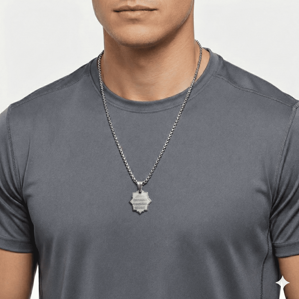 Erkek Çelik Kolye - Nazar Ayeti Yazılı - Kişiye Özel - Gümüş Renk - Yıldız Tasarım - 60 cm - 2