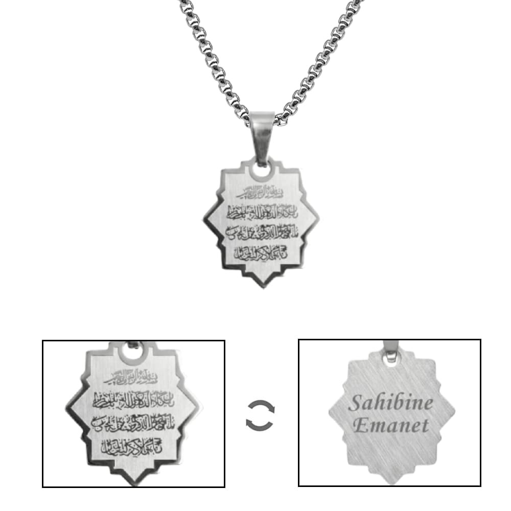 Erkek Çelik Kolye - Nazar Ayeti Yazılı - Kişiye Özel - Gümüş Renk - Yıldız Tasarım - 60 cm - 5
