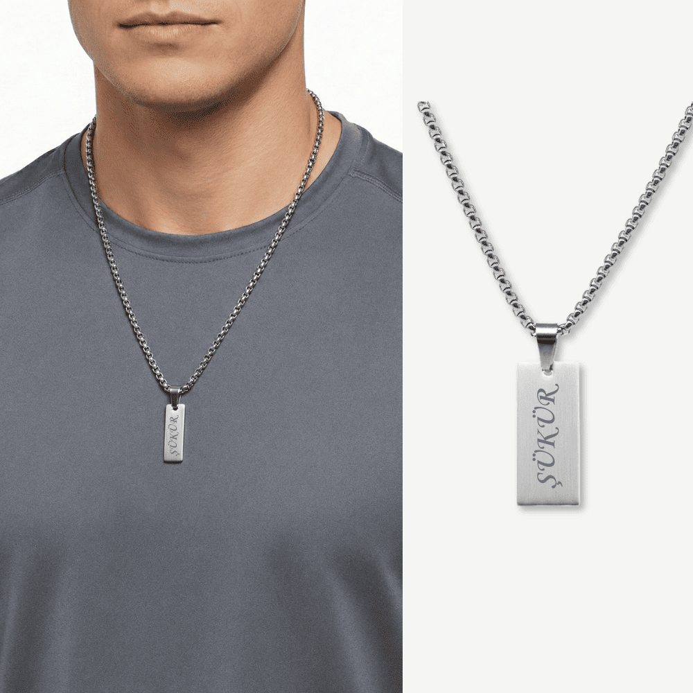 Erkek Çelik Kolye - Kişiye Özel - Gümüş Renk - Dikdörtgen Tasarım - 60 cm - 1