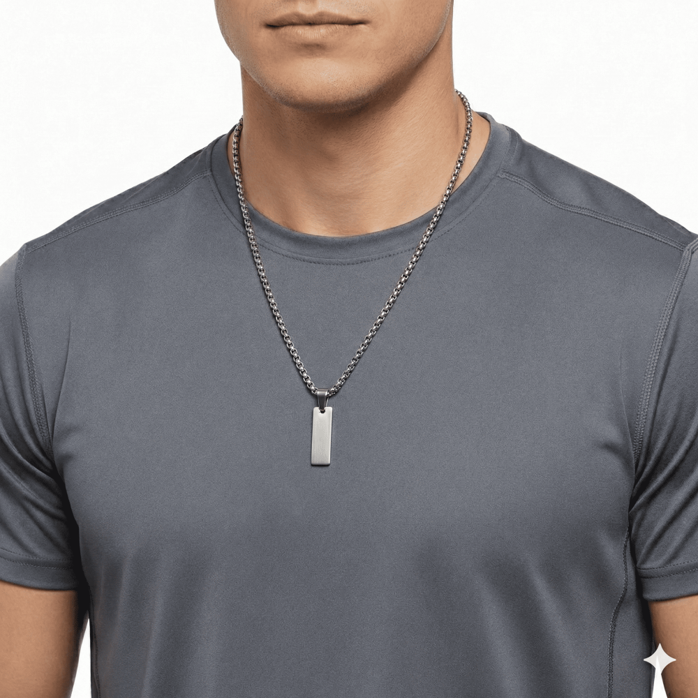 Erkek Çelik Kolye - Kişiye Özel - Gümüş Renk - Dikdörtgen Tasarım - 60 cm - 2