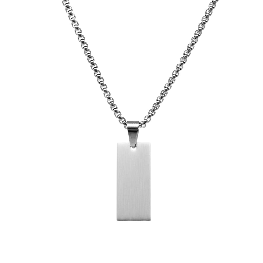 Erkek Çelik Kolye - Kişiye Özel - Gümüş Renk - Dikdörtgen Tasarım - 60 cm - 4