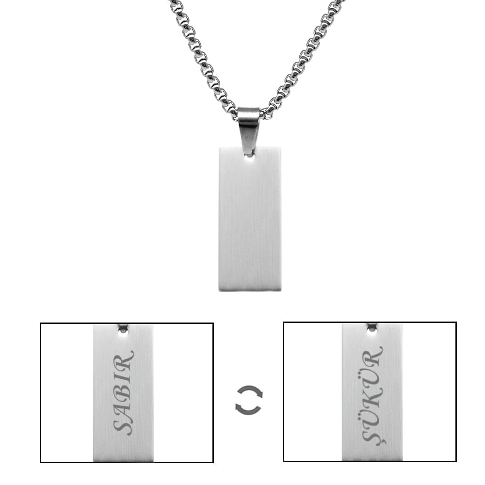 Erkek Çelik Kolye - Kişiye Özel - Gümüş Renk - Dikdörtgen Tasarım - 60 cm - 5