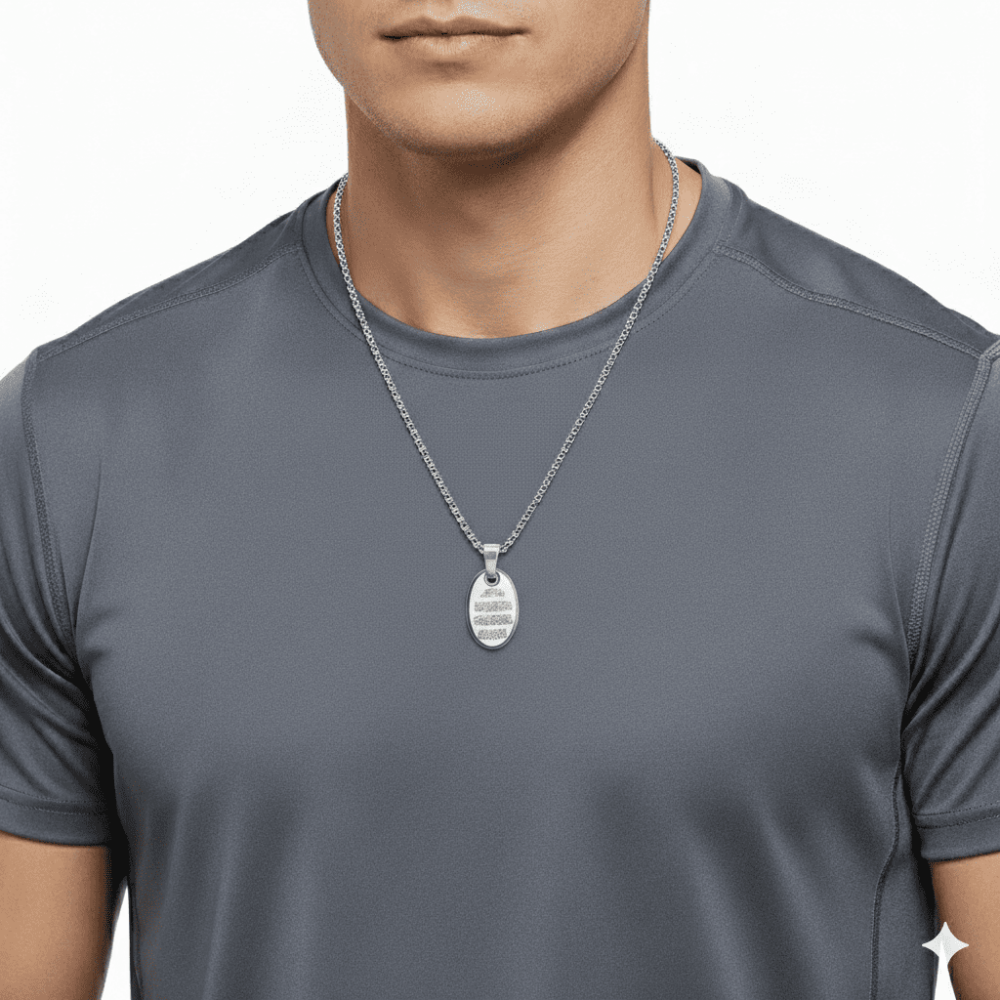 Erkek Çelik Kolye - Nazar Duası Yazılı - Kişiye Özel - Gümüş Renk - Elips Tasarım - 60 cm - 2