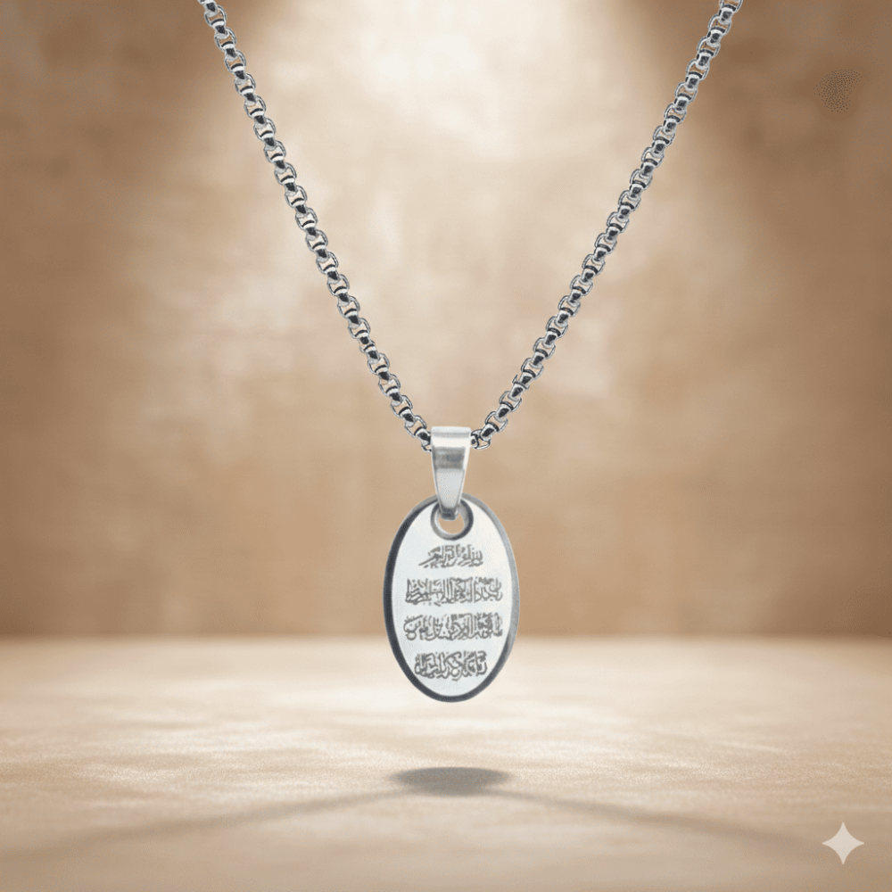 Erkek Çelik Kolye - Nazar Duası Yazılı - Kişiye Özel - Gümüş Renk - Elips Tasarım - 60 cm - 3