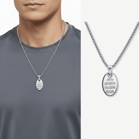 Erkek Çelik Kolye - Nazar Duası Yazılı - Kişiye Özel - Gümüş Renk - Elips Tasarım - 60 cm - Tesbihane