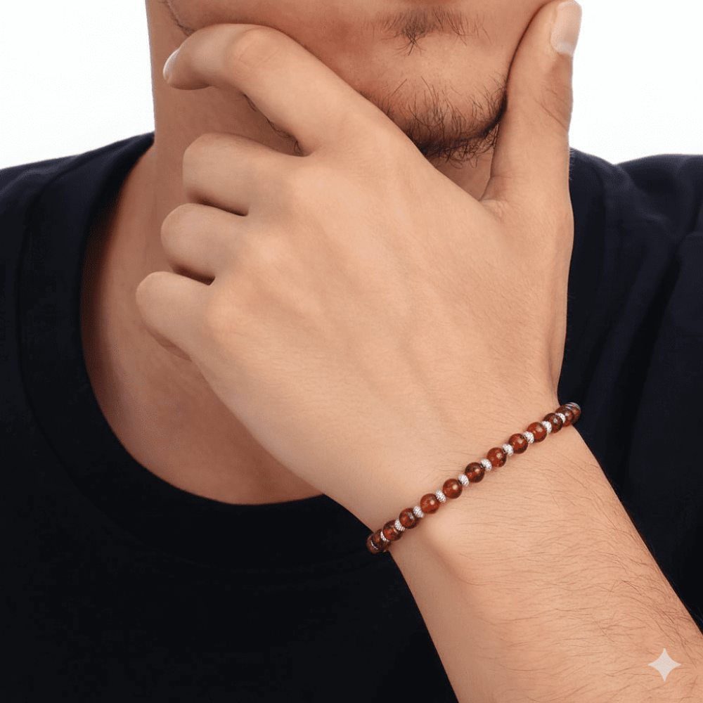 Erkek Doğal Damla Kehribar Bileklik - Bal Rengi - Küre Kesim - Dorika Top Süslemeli - Çelik Zincirli - 2