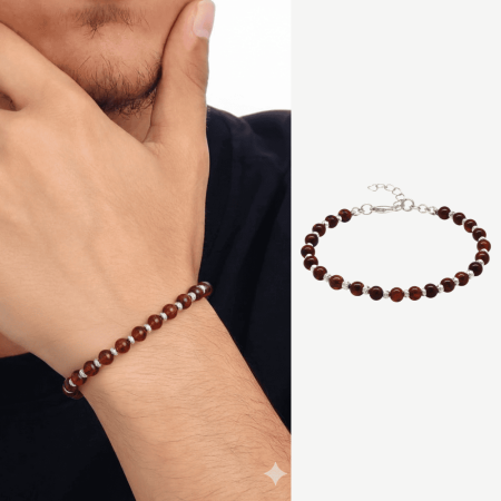 Erkek Doğal Damla Kehribar Bileklik - Kırmızı - Küre Kesim - Dorika Top Süslemeli - Çelik Zincirli - Tesbihane