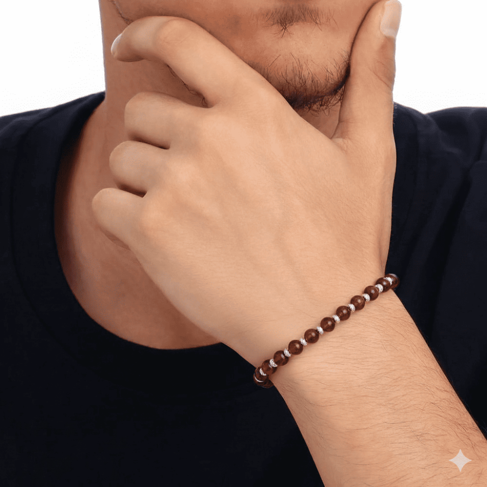 Erkek Doğal Damla Kehribar Bileklik - Kırmızı - Küre Kesim - Dorika Top Süslemeli - Çelik Zincirli - 2