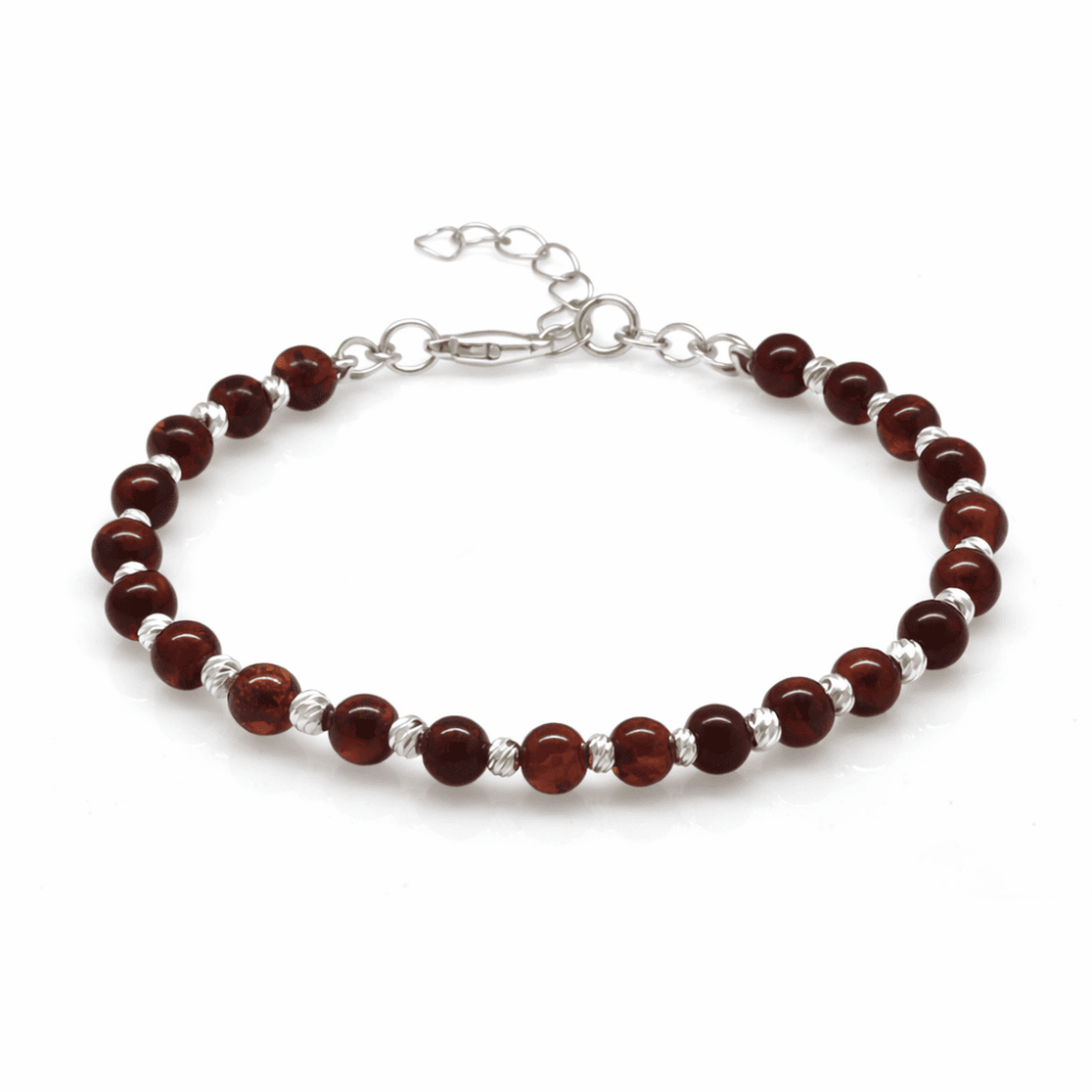 Erkek Doğal Damla Kehribar Bileklik - Kırmızı - Küre Kesim - Dorika Top Süslemeli - Çelik Zincirli - 4