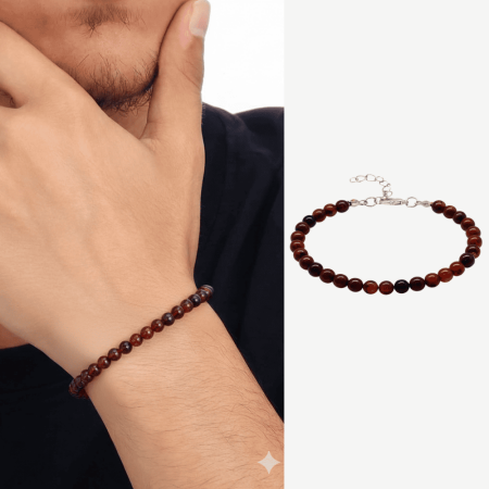 Erkek Doğal Damla Kehribar Bileklik - Koyu Kırmızı - Küre Kesim - Çelik Zincirli - Tesbihane