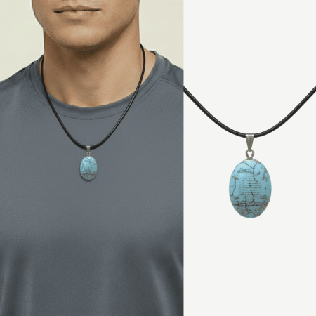 Erkek Firuze Doğaltaş Cevşen Kolye - Hilye-i Şerif Yazılı - Elips Tasarım - Turkuaz Renk - Tesbihane