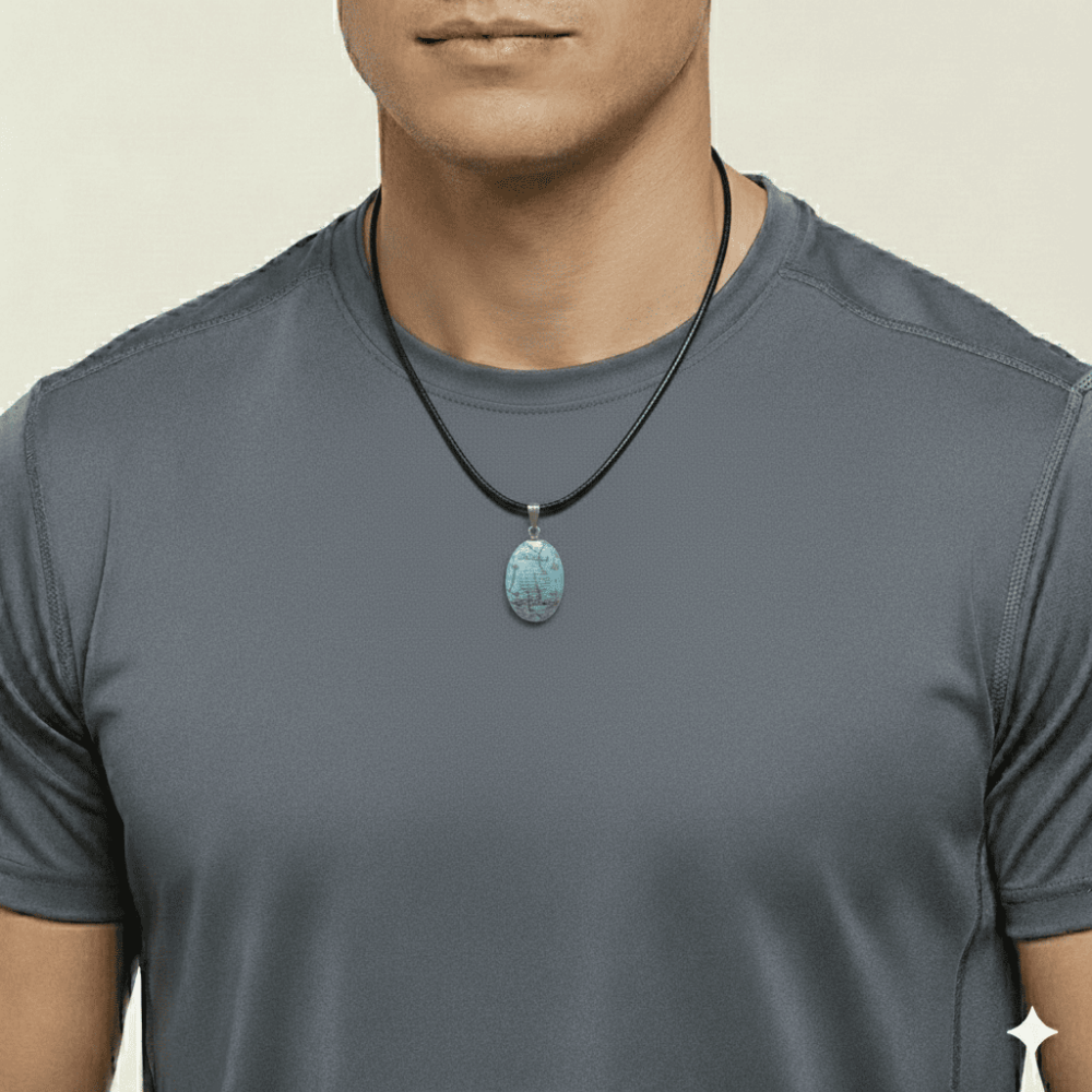 Erkek Firuze Doğaltaş Cevşen Kolye - Hilye-i Şerif Yazılı - Elips Tasarım - Turkuaz Renk - 2