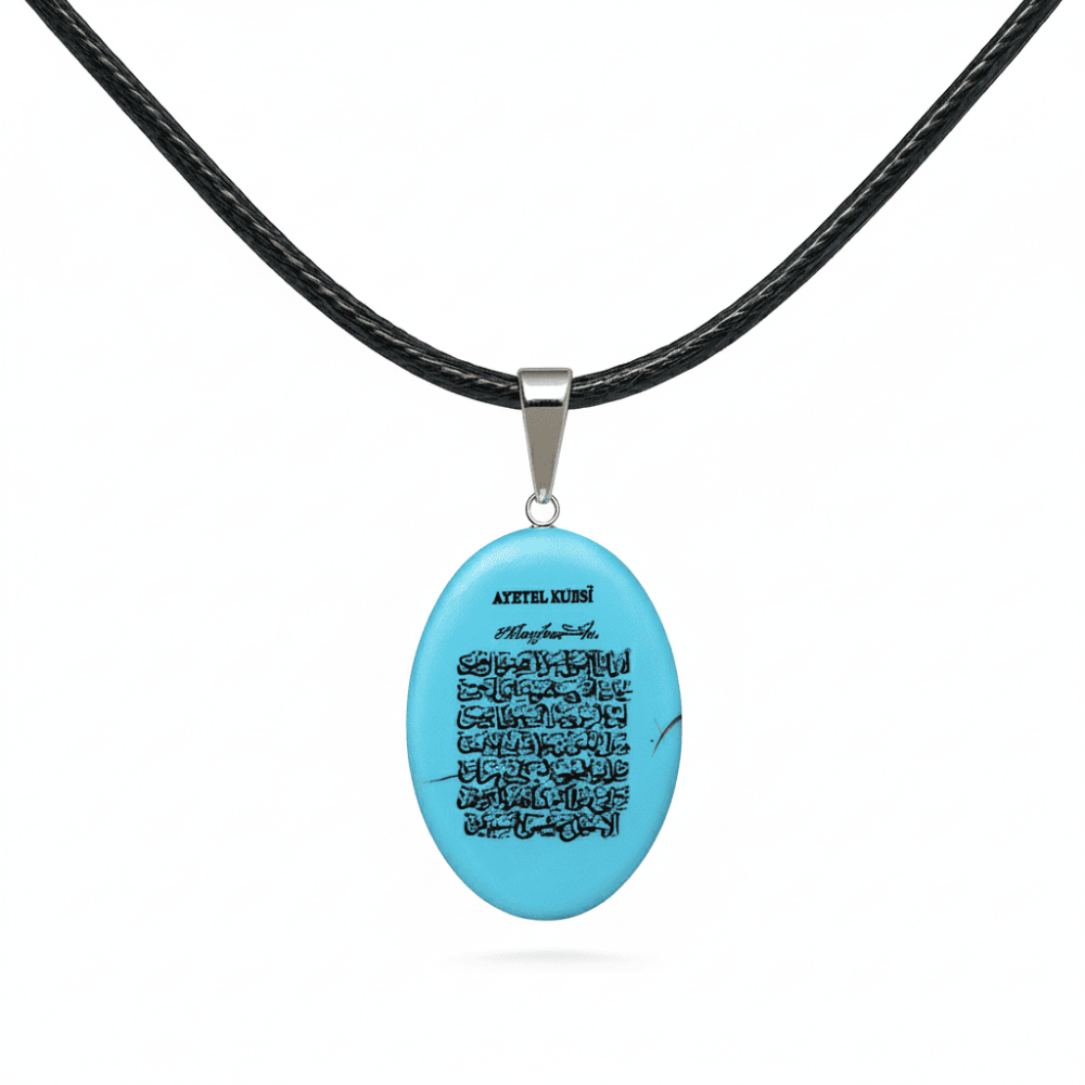 Erkek Firuze Doğaltaş Cevşen Kolye - Üzeri Ayetel Kürsi Yazılı - Elips Tasarım - Turkuaz Renk - 4