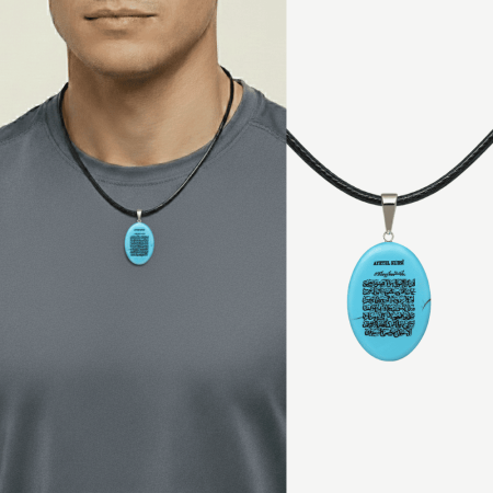 Erkek Firuze Doğaltaş Cevşen Kolye - Üzeri Ayetel Kürsi Yazılı - Elips Tasarım - Turkuaz Renk - Tesbihane