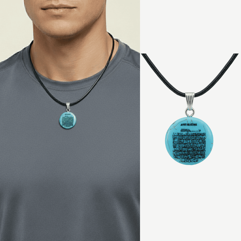Erkek Firuze Doğaltaş Cevşen Kolye - Üzeri Ayetel Kürsi Yazılı - Oval Tasarım - Turkuaz Renk - 1
