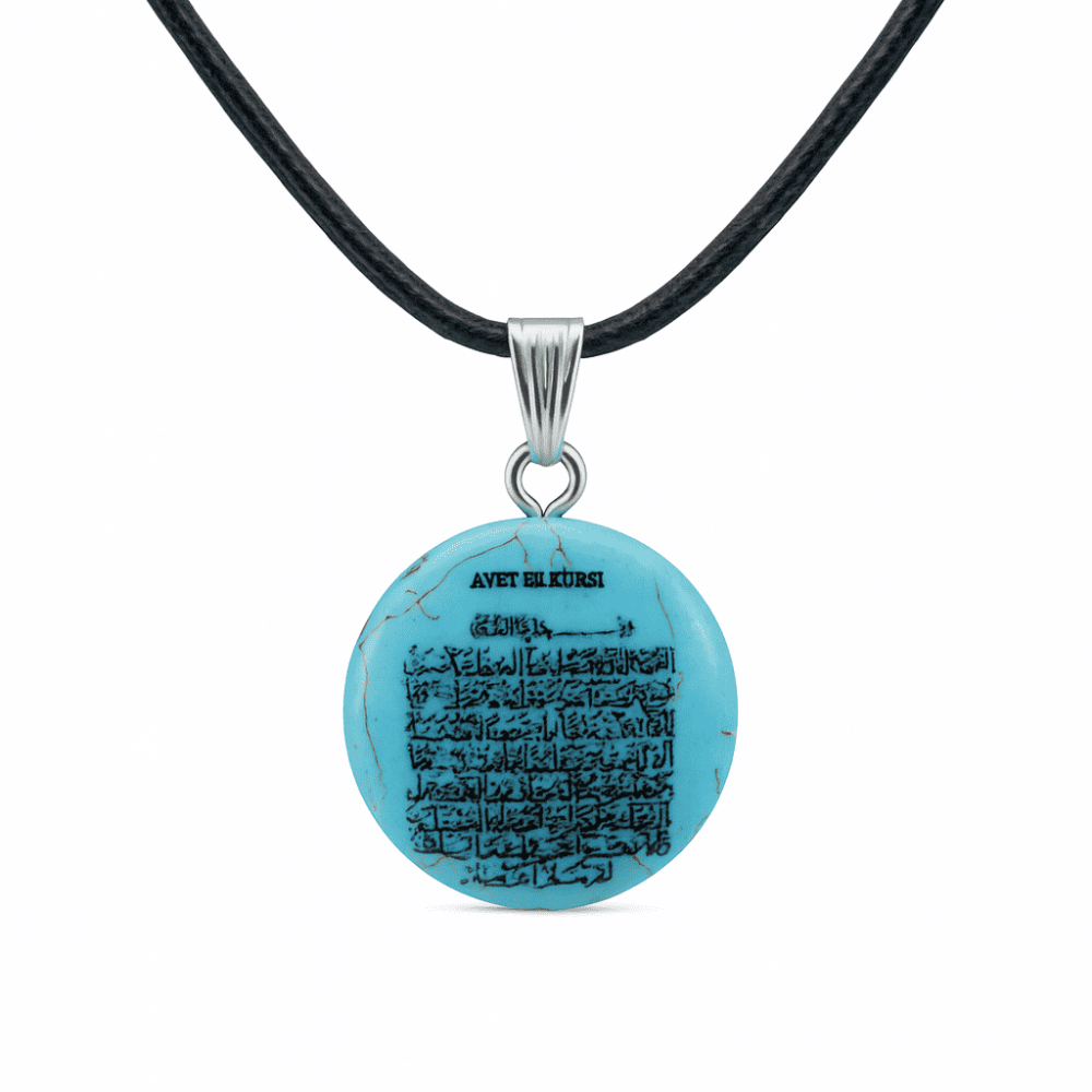 Erkek Firuze Doğaltaş Cevşen Kolye - Üzeri Ayetel Kürsi Yazılı - Oval Tasarım - Turkuaz Renk - 4