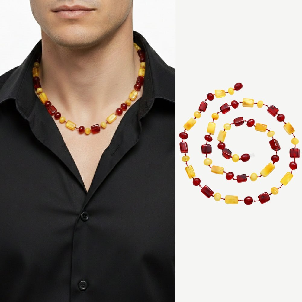 Erkek Hakiki Damla Kehribar Kolye - Doğal Form - Sarı Kırmızı Renk - 1