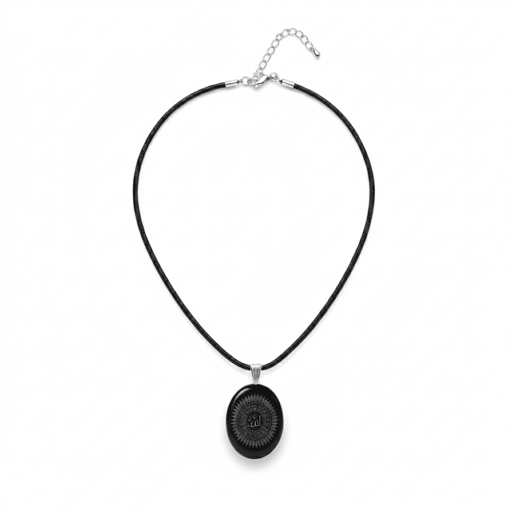 Erkek Oniks Doğaltaş Cevşen Kolye - Esmaül Hüsna Yazılı - Elips Tasarım - Siyah Renk - 3