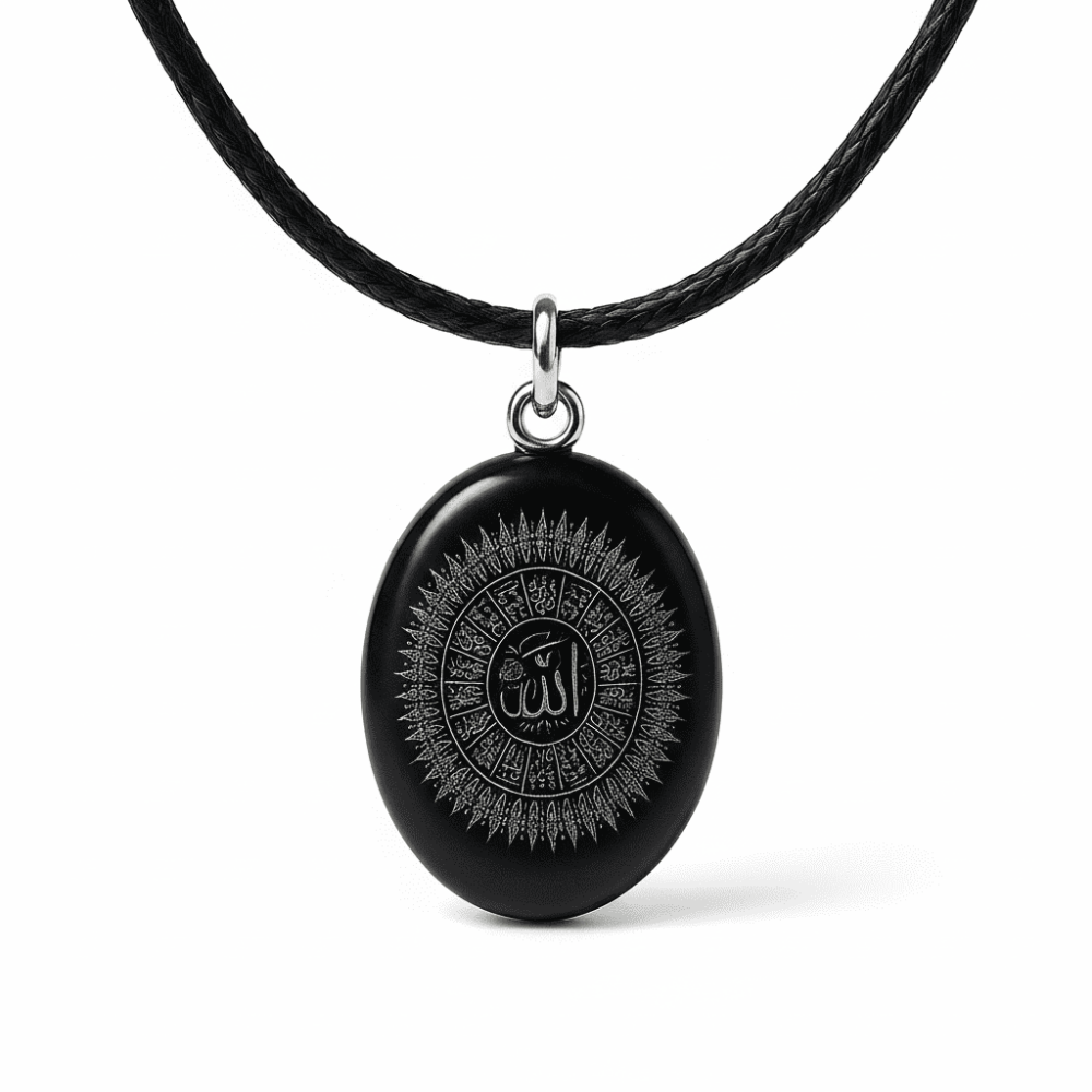 Erkek Oniks Doğaltaş Cevşen Kolye - Esmaül Hüsna Yazılı - Elips Tasarım - Siyah Renk - 4