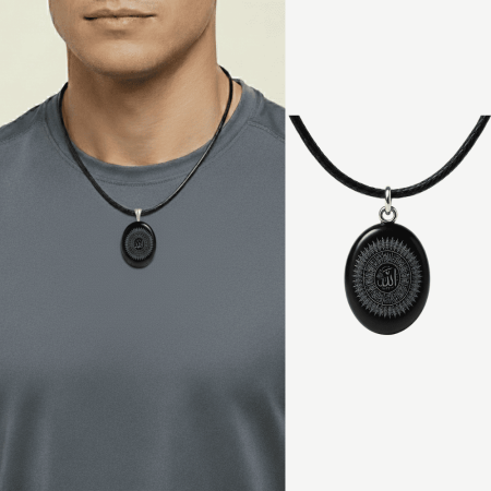 Erkek Oniks Doğaltaş Cevşen Kolye - Esmaül Hüsna Yazılı - Elips Tasarım - Siyah Renk - Tesbihane