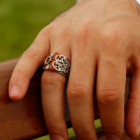 Erzurum El İşçiliği Kehribar Taşlı Ay Yıldız Detaylı Gümüş Yüzük - Tesbihane