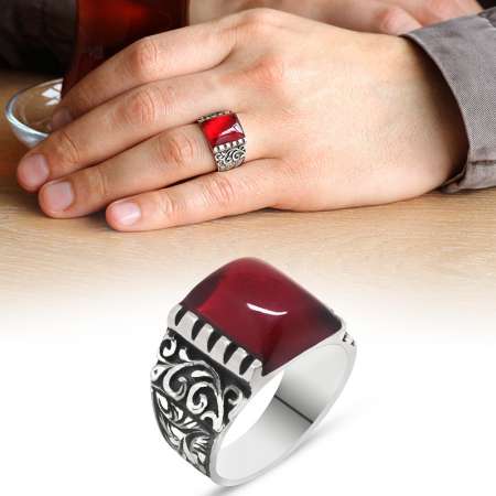 Erzurum El İşçiliği Kırmızı Sıkma Kehribar Taşlı 925 Ayar Gümüş Erkek Yüzük - Tesbihane