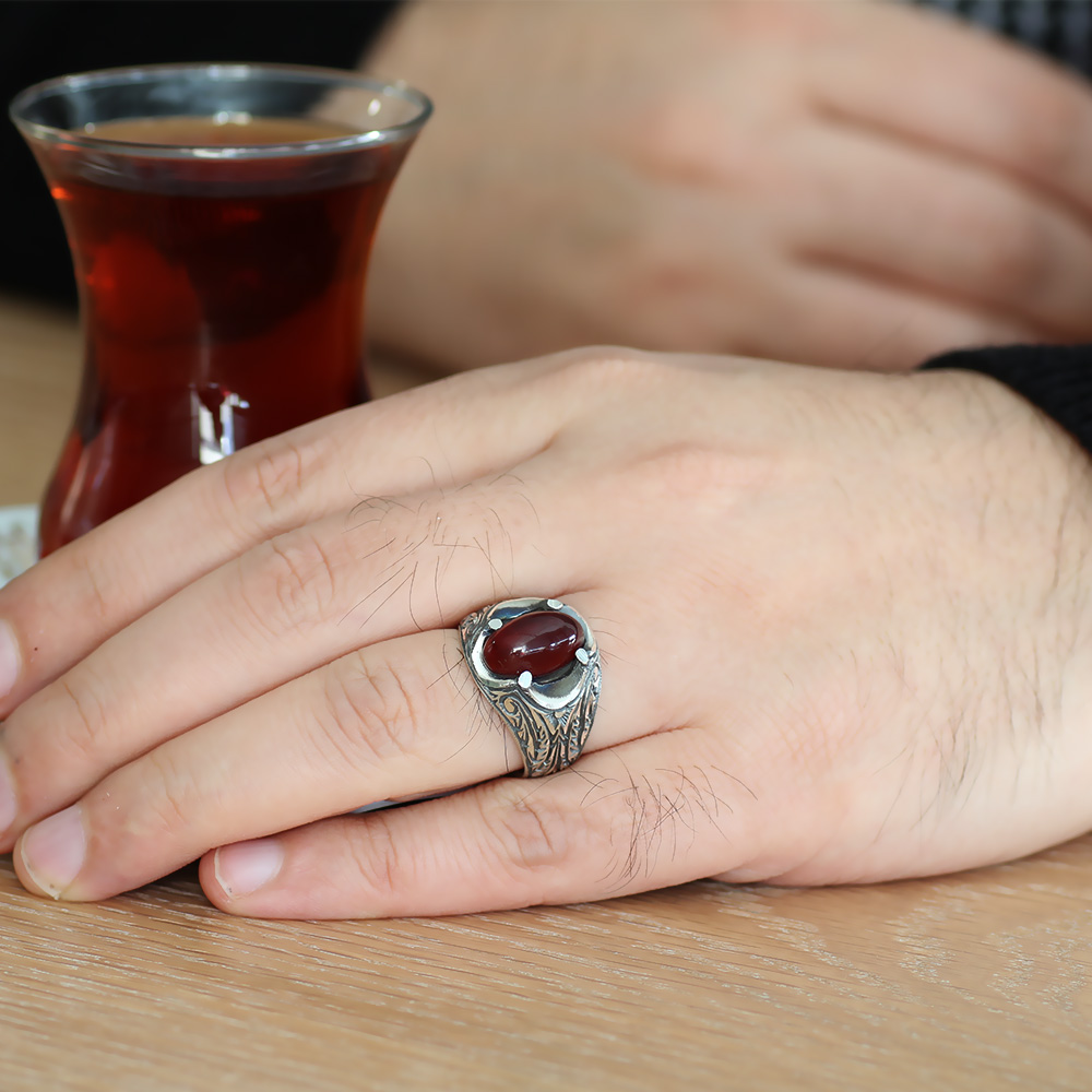 Erzurum El İşçiliği Tırnaklı KırmızıSıkma Kehribar Taşlı 925 Ayar Gümüş Yüzük M1 - 2