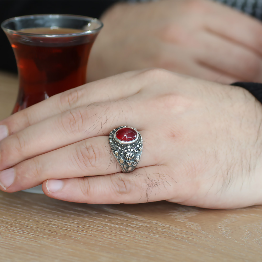 Erzurum El İşçiliği Yuvarlak Kırmızı Sıkma Kehribar Taşlı 925 Ayar Gümüş Yüzük - 2