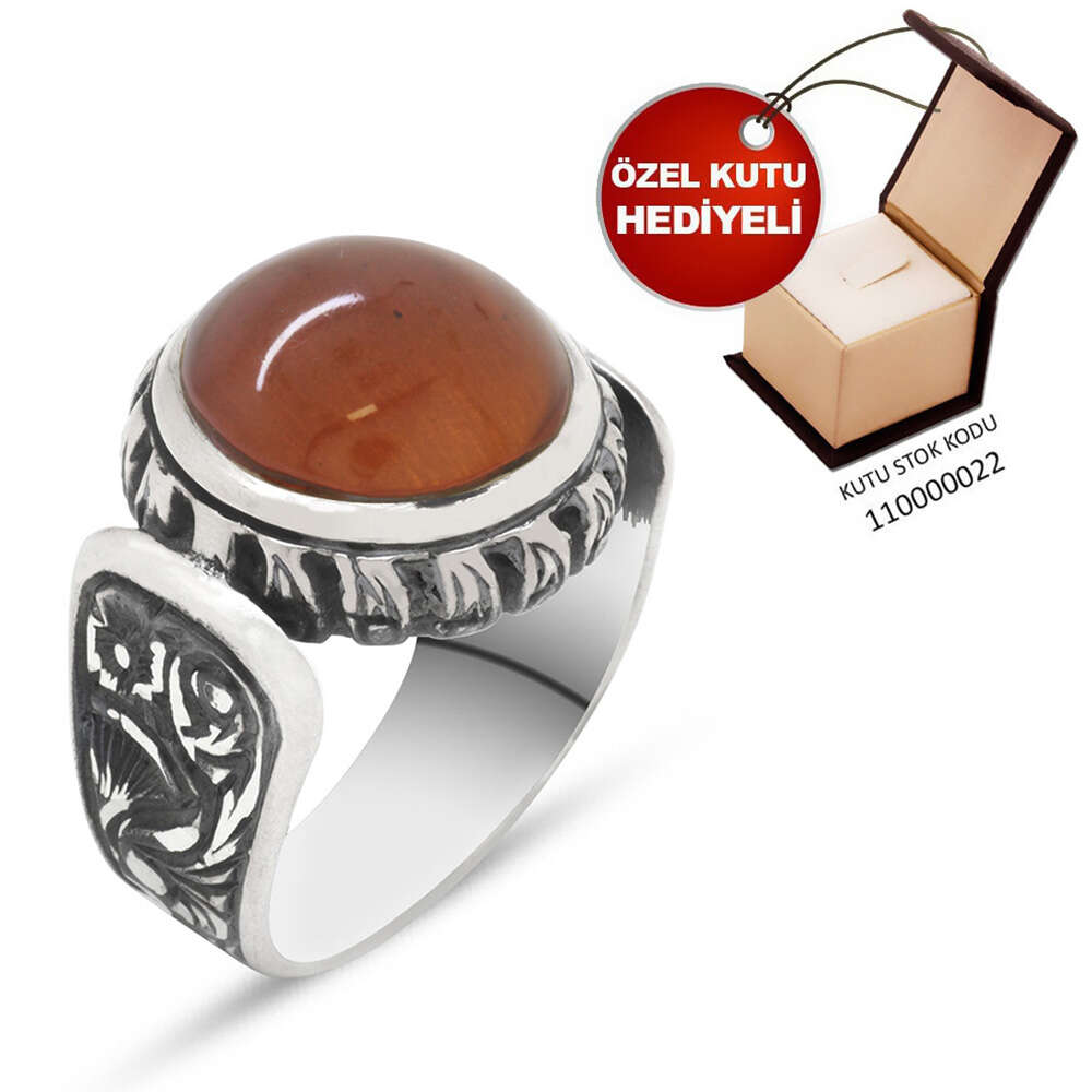 Erzurum El İşçiliği Yuvarlak Sarı Sıkma Kehribar Taşlı 925 Ayar Gümüş Yüzük - 2