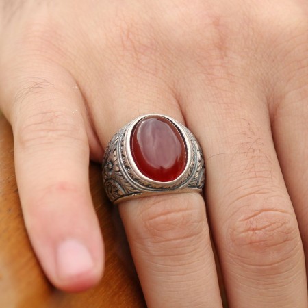 Erzurum El İşi Akik Taşlı 925 Ayar Gümüş Yüzük - Tesbihane