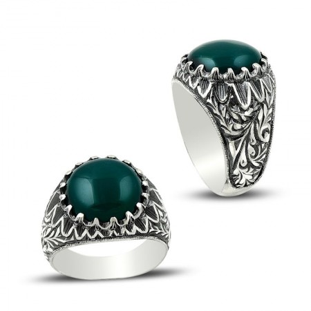 Erzurum El İşi Akik Taşlı 925 Ayar Gümüş Yüzük - Tesbihane