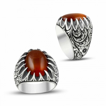 Erzurum El İşi Akik Taşlı 925 Ayar Gümüş Yüzük - Tesbihane