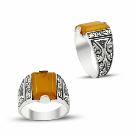 Erzurum El İşi Sarı Sıkma Kehribarlı Gümüş Yüzük - Tesbihane