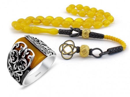 Erzurum El İşi Sıkma Kehribarlı Yüzük ve Tesbih Kombini - M2 - Tesbihane