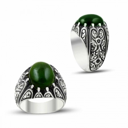 Erzurum El İşi Yeşil Ateş Kehribarlı Gümüş Yüzük - Tesbihane
