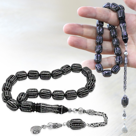 Erzurum Oltu Efe Tesbih - 925 Ayar Gümüş Püsküllü - Gümüş Yatay Nokta Şerit İşlemeli - Kapsül Kesim - Tesbihane