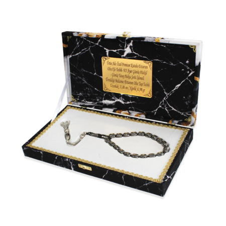 Premium Kutulu - Erzurum Oltu Efe Tesbih - 925 Ayar Gümüş Püskül - Gümüş Yatay Nokta Şerit İşlemeli - Tesbihane