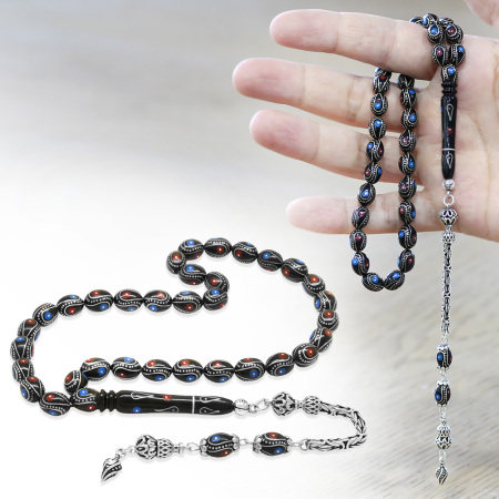 Erzurum Oltu Taşı Tesbih - 925 Ayar Gümüş Kral Püsküllü - Firuze Mercan İşlemeli - Arpa Kesim - Tesbihane