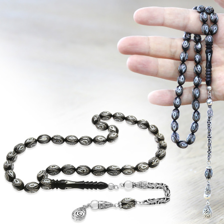 Erzurum Oltu Taşı Tesbih - 925 Ayar Gümüş Kral Püsküllü - Gümüş İşlemeli Mine Dolgulu - Arpa Kesim
- Tesbihane